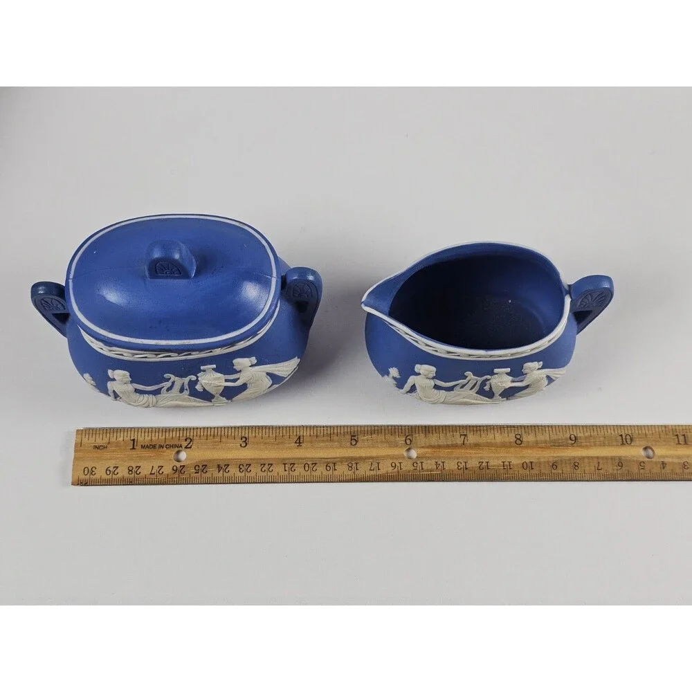 Jasperware Cream on Blue Oval Sugar Bowl w/ Lid & Oval Creamer w/ Handle Japan